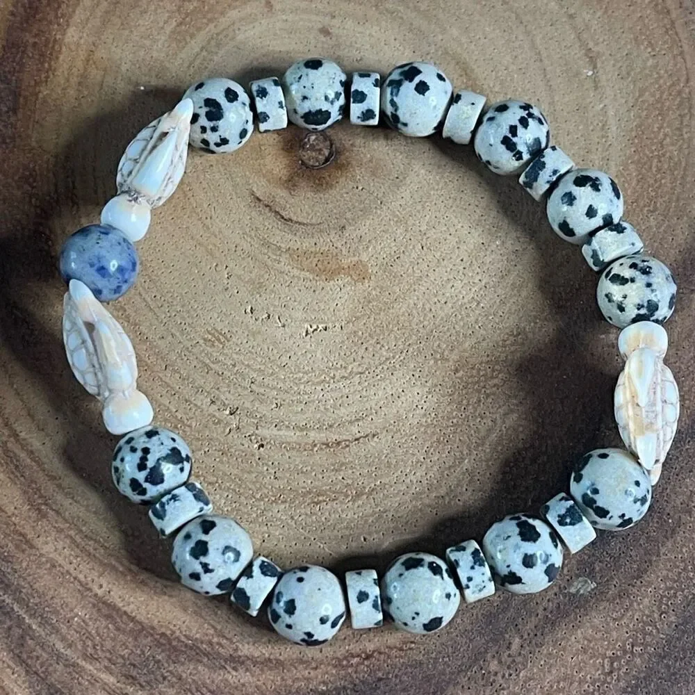 Sea turtle blue dot stone Dalmatian jasper stretch bracelet crystal beaded